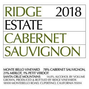 2018 Ridge, Estate Cabernet Sauvignon, Santa Cruz Mountains 12x75cl