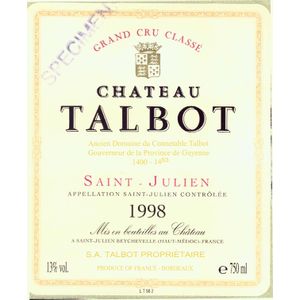 1998 Chateau Talbot 4eme Cru Classe, Saint-Julien 6x150cl