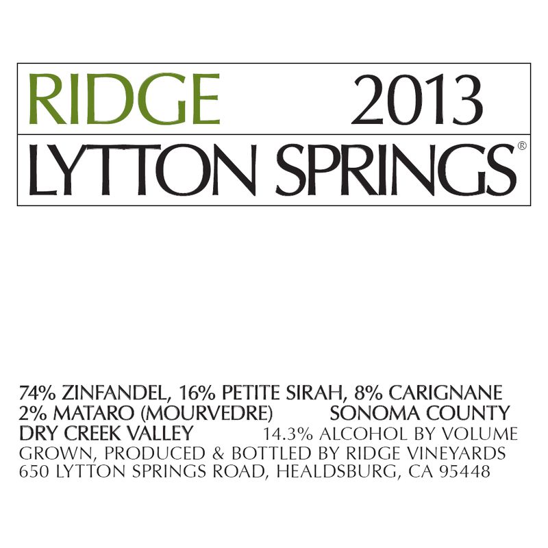 2013 Ridge, Lytton Springs, Dry Creek Valley 12x75cl