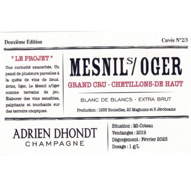 2020 Adrien Dhondt, Chetillons de Haut Blanc de Blancs Extra Brut Grand Cru, Le Mesnil-sur-Oger 6x75cl