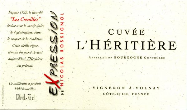 2019 Domaine Nicolas Rossignol Bourgogne Cuvée L'Héritière