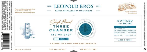 Leopold Bros. Aged 5 years Single Barrel Three Chambers Rye Whiskey