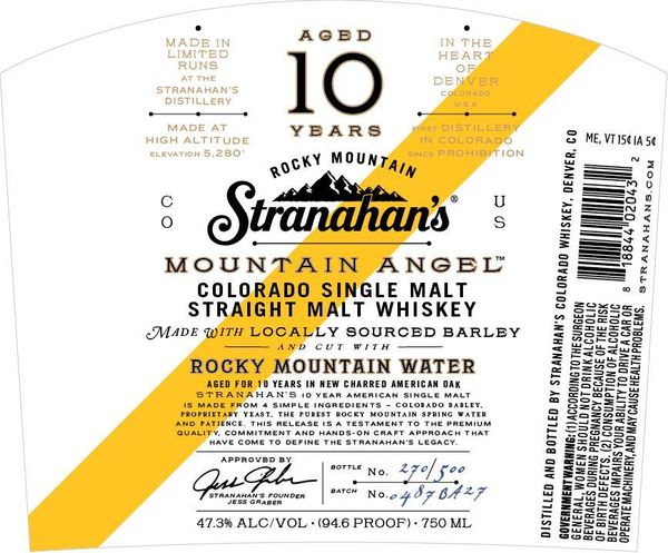 Stranahan's Mountain Angel Aged 10 Years Colorado Single Malt Straight Malt Whiskey